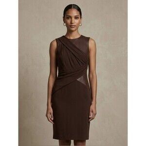 MICHAEL KORS Mixed Media Sheath Dress Size 4 Brown Leather & Wool